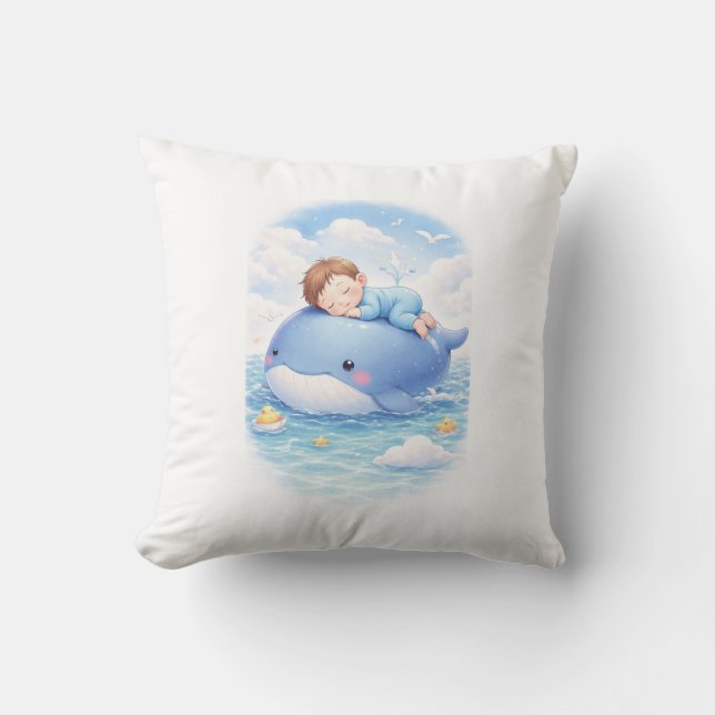 Coussin Cute Sleeping Baby on Blue Whale Cushion | Dreamy  (Recto)