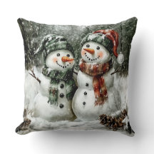 Cute Snowman Couple Christmas Throw Pillow