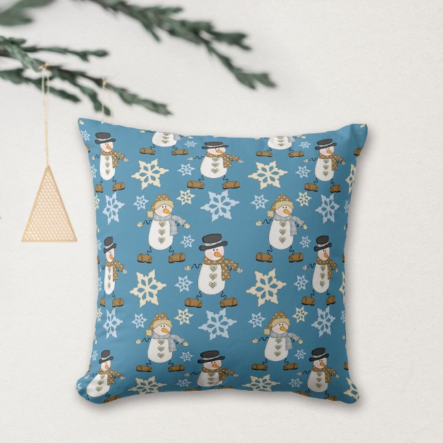 Coussin Cute Snowman Snowflake Motif sur Blue (Créateur téléchargé)