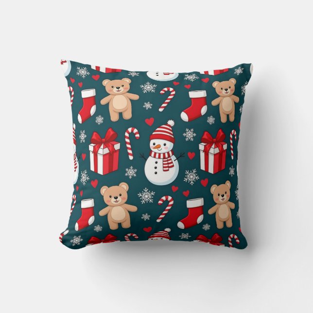 Coussin Cute Snowman & Teddy Christmas Throw Pillow (Recto)