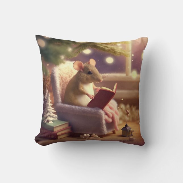 Coussin Cute Souris d'hiver lecture d'un livre Jeter l'ore (Recto)