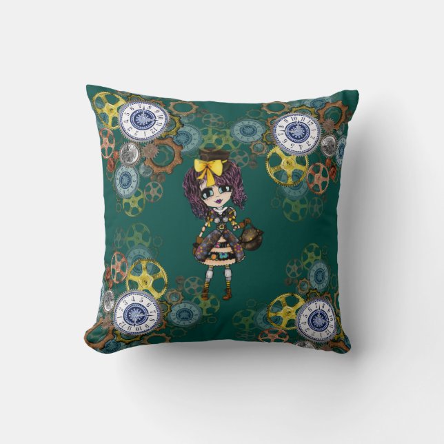 Coussin Cute Steampunk Girl Pinky Kawaii Chibi par LeahG (Recto)