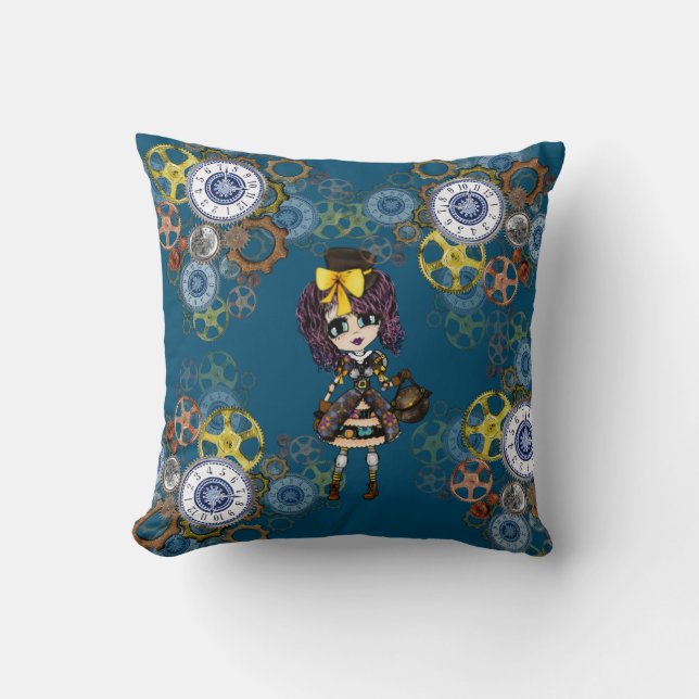 Coussin Cute Steampunk Girl Pinky Kawaii Chibi par LeahG (Recto)