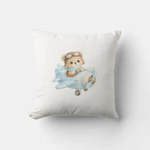 Coussin Cute Teddy Bear Pilot in Blue Airplane Adorable