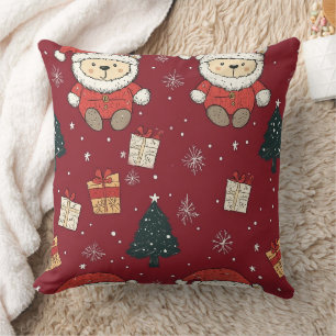 Coussin Cute Teddy Bear & Santa sur fond rouge (1)