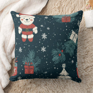 Coussin Cute Teddy Bear & Santa sur fond vert foncé (1)
