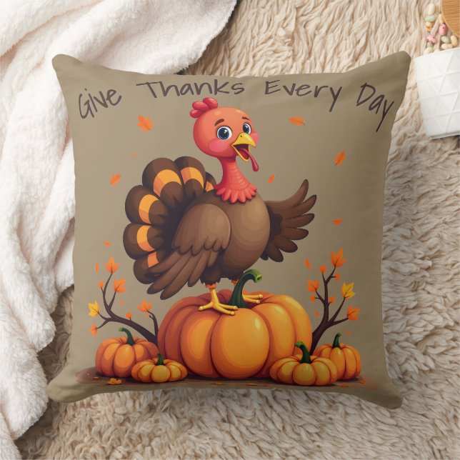 Coussin Cute Thanksgiving Turkey Autumn Pumpkins Scene (Couverture)