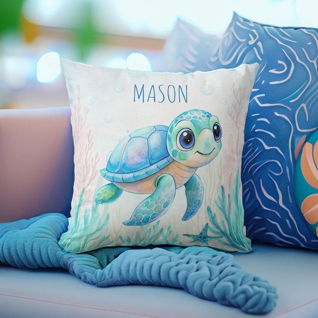Coussin Cute tortue aqua bleu nom personnalisé cadeaux pou (Cute turtle aqua blue personalized name baby boy gifts personalized name throw pillow nursery decor)