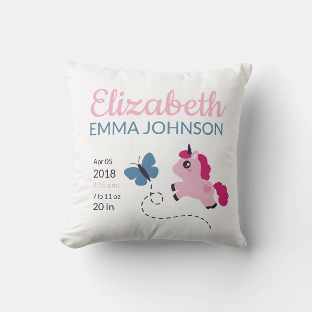 Coussin Cute Unicorn Baby Stats de naissance (Recto)