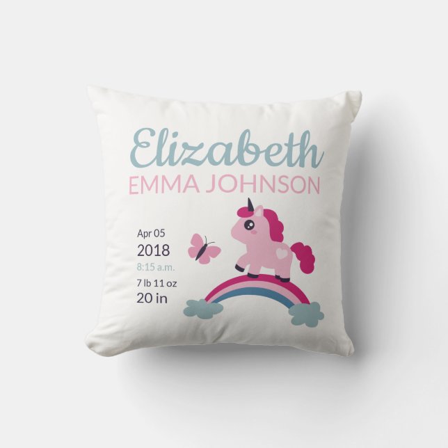 Coussin Cute Unicorn Baby Stats de naissance (Recto)
