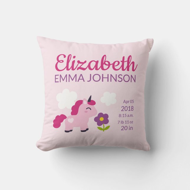 Coussin Cute Unicorn Baby Stats de naissance (Recto)