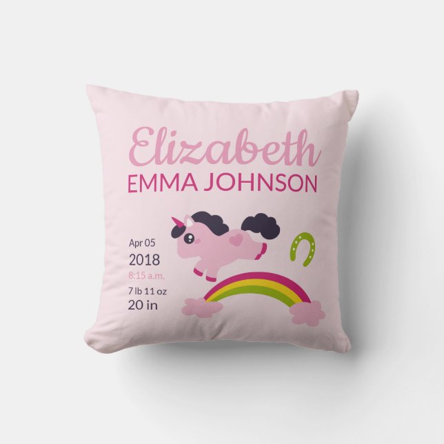 Coussin Cute Unicorn Baby Stats de naissance (Recto)