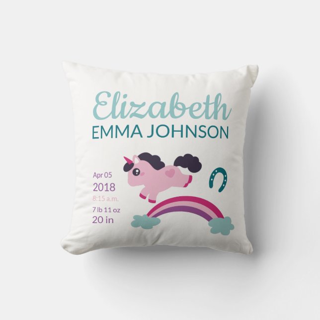 Coussin Cute Unicorn Baby Stats de naissance (Recto)