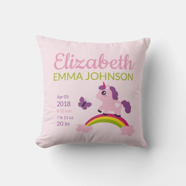 Coussin Cute Unicorn Baby Stats de naissance (Recto)