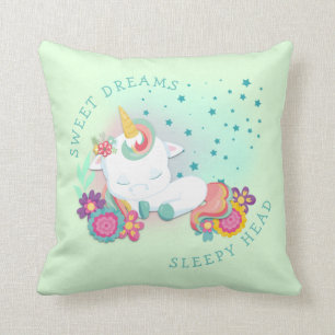Coussin Cute Unicorn Nom Sweet Dreams Sleepy Head Green