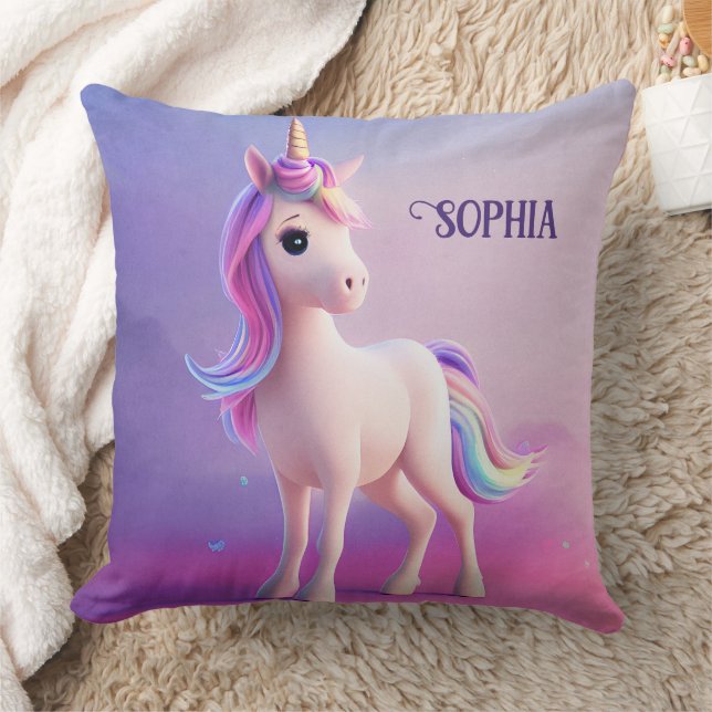 Coussin Cute Unicorne Blanche Avec Rose & Bleu Mane (Couverture)