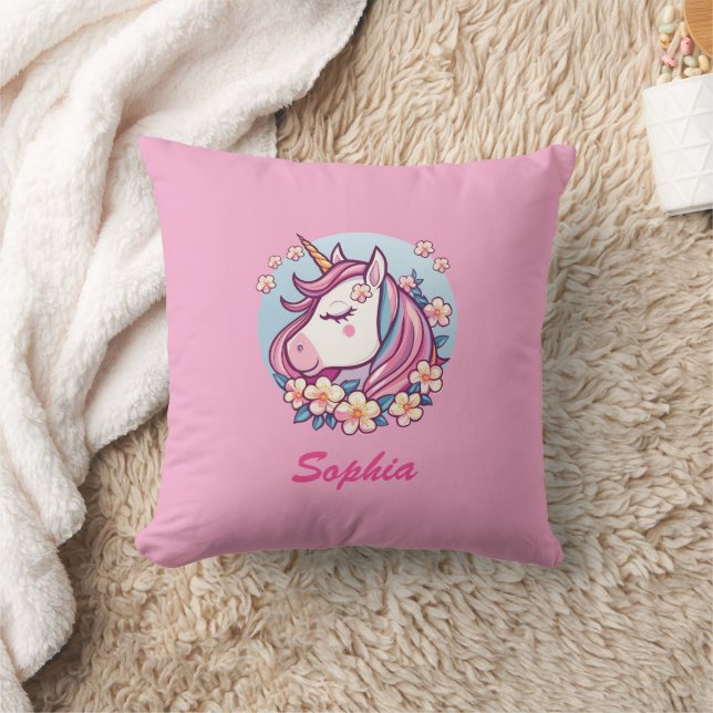 Coussin Cute Unicorne & Fleurs, Personnaliser le nom (Couverture)