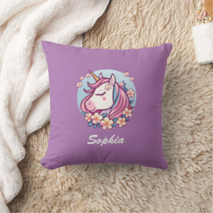 Coussin Cute Unicorne & Fleurs, Personnaliser Nom, Lavande