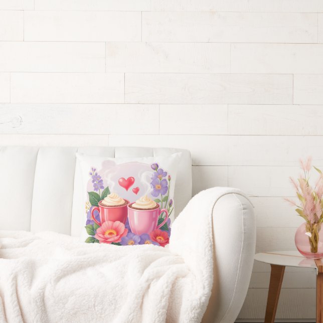 Coussin Cute Valentine Cocoa Mugs with Flowers & Hearts (Canapé)