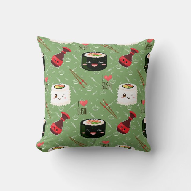 Coussin Cute vert Kawaii Sushi motif (Recto)