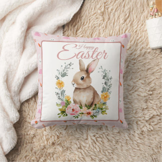 Coussin Cute Watercolor Bunny Floral Wreath Easter