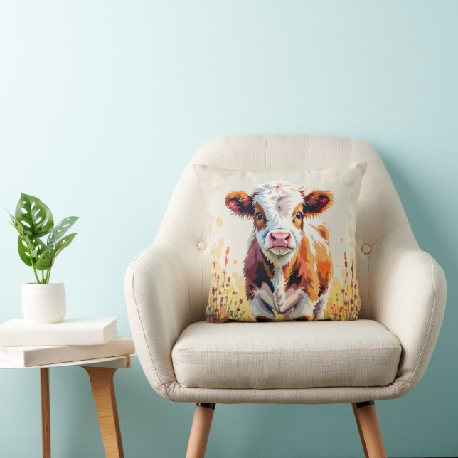 Coussin Cute Watercolor Calf In Field Flowers (Chaise)