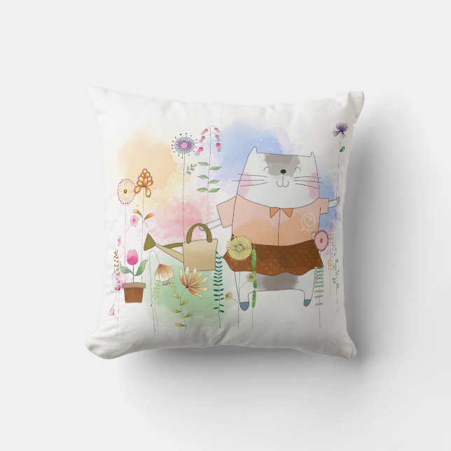 Coussin Cute Whimsical Chat Fleurs de jardinage été (Recto)