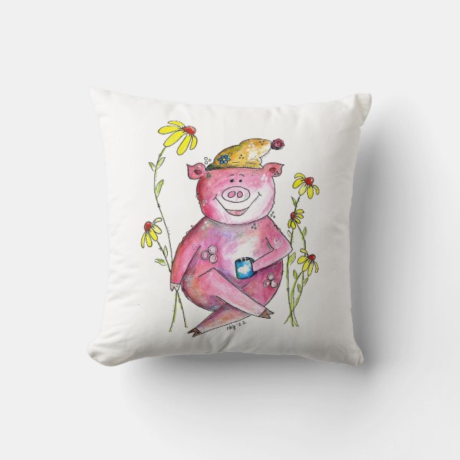 Coussin Cute Whimsical Cochon Boire Café (Recto)