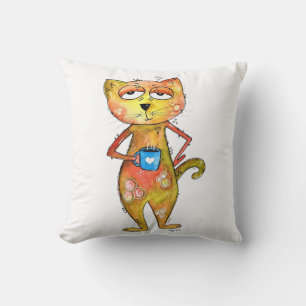 Coussin Cute Whimsical Fatigué Chat Boire Café