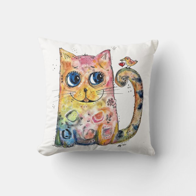Coussin Cute Whimsical Happy Chat avec Bird (Recto)