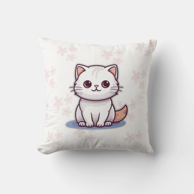 Coussin Cute White Cat Pillow – Pink Floral Design (Recto)