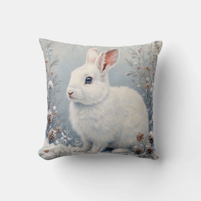 Coussin Cute Winter Bunny – White Rabbit with Blue Eyes (Recto)