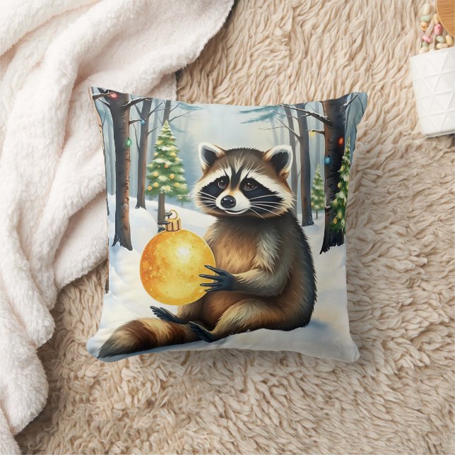 Coussin Cute Winter Raccoon with Gold Ornament Christmas (Couverture)