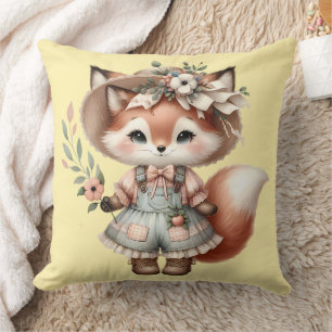 Coussin Cute Woodland Fox Girl portant Cottagecore tenue