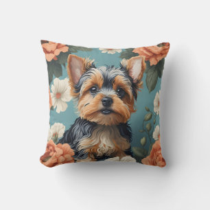 Coussin Cute Yorkshire Terrier Puppy Floral