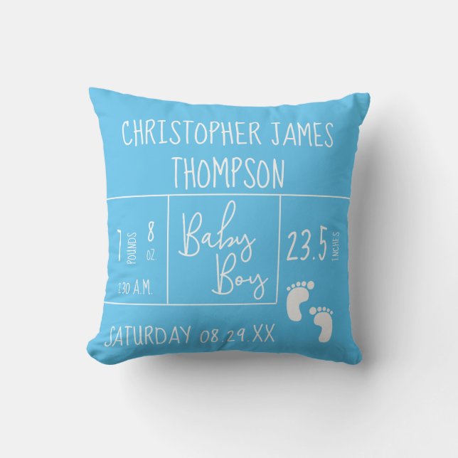 Coussin Cyan Blue Custom Baby Boy photo Birth stat (Recto)