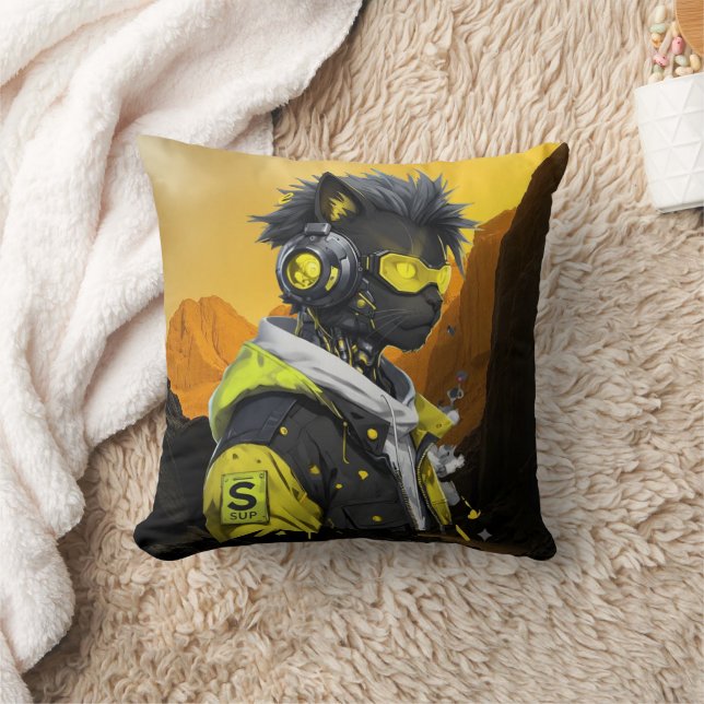 Coussin Cyber Cat | Chat Hacker Néon Futuriste Cyberpunk  (Couverture)