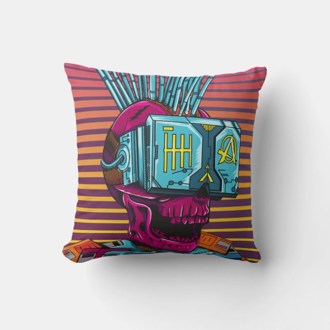 Coussin Cyber Skull Virtual Reality Cyberpunk disquette  (Recto)