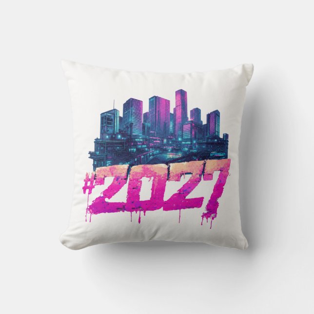 Coussin Cyberpunk Skyline 2027 Graffiti Néon (Recto)