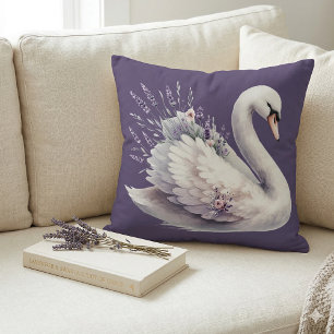 Coussin Cygne à l'aquarelle avec florales lavande
