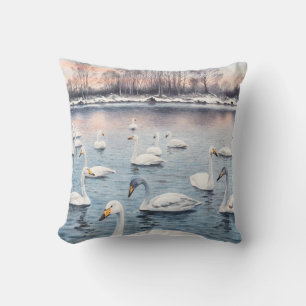 Coussin Cygne blanc muet sur un lac. Aquarelle