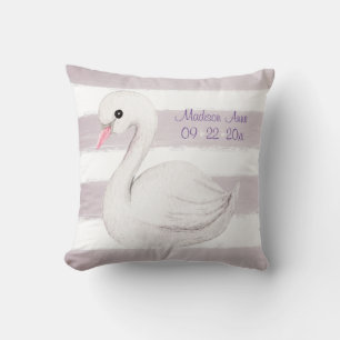 Coussin Cygne blanc violet script Personnaliser la naissan