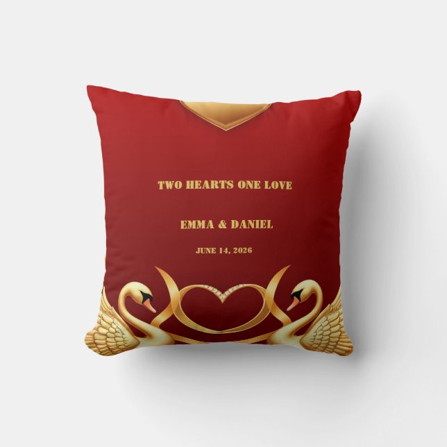 Coussin Cygne Décoration de Mariage Couple Or Rouge 💍 (Recto)