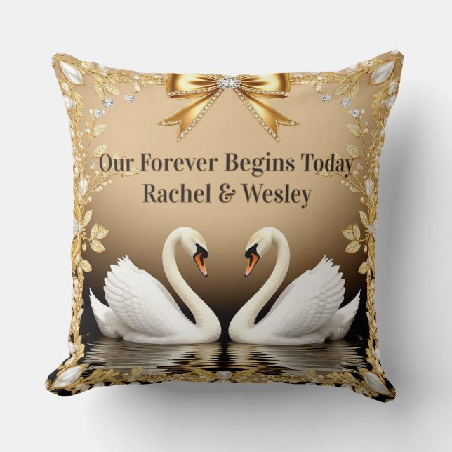 Coussin Cygne Doré Mariage Maison Romance (Recto)