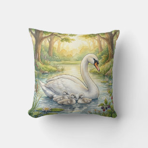 Coussin Cygne mignon et bébés Animaux de rivière et de lac