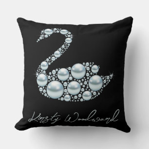 Coussin Cygne perle bleue élégant sur fond noir