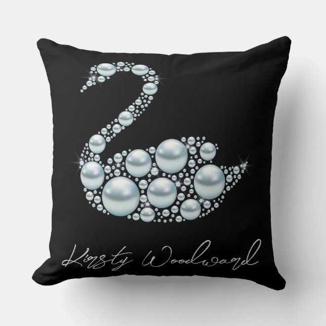 Coussin Cygne perle bleue élégant sur fond noir (Recto)