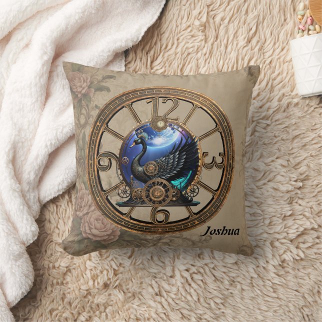 Coussin Cygne vapeur noir avec horloges et engrenages. (Couverture)