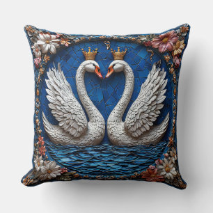 Coussin Cygnes Couronnés Royaux Oiseaux d'Amour de Mariage