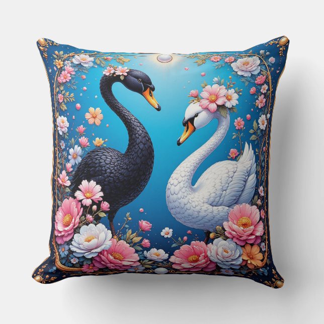 Coussin Cygnes de mariage encadrés d'or et de fleurs (Recto)